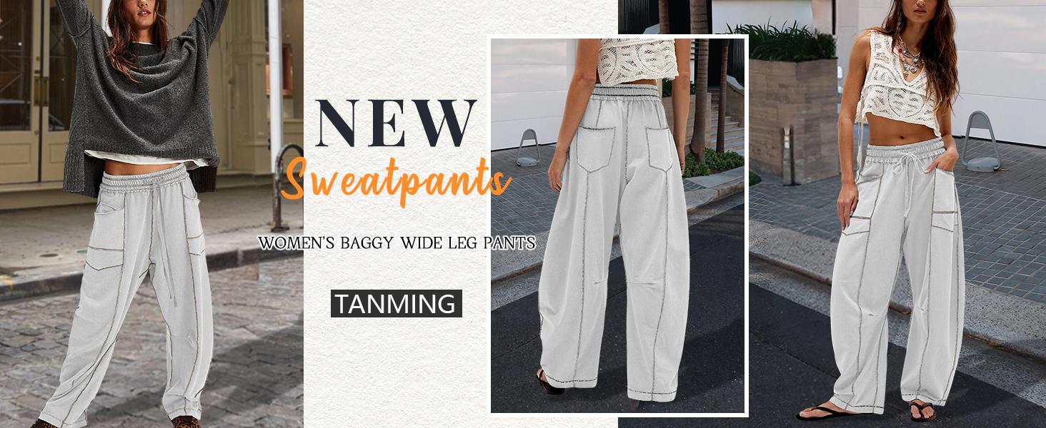 Tanming Women’s Baggy Barrel Pants Wide Leg Lounge Sweatpants with Drawstring Pockets Tanming Women’s Baggy Barrel Pants Wide Leg Lounge Sweatpants with Drawstring Pockets