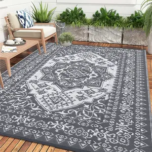 Large Outdoor Rug Vintage Floral Print Patio Rug Double-Sided Reversible Plastic Straw Mat Foldable and Portable for Gardens Backyards Balconies Picnics Beaches and RVs