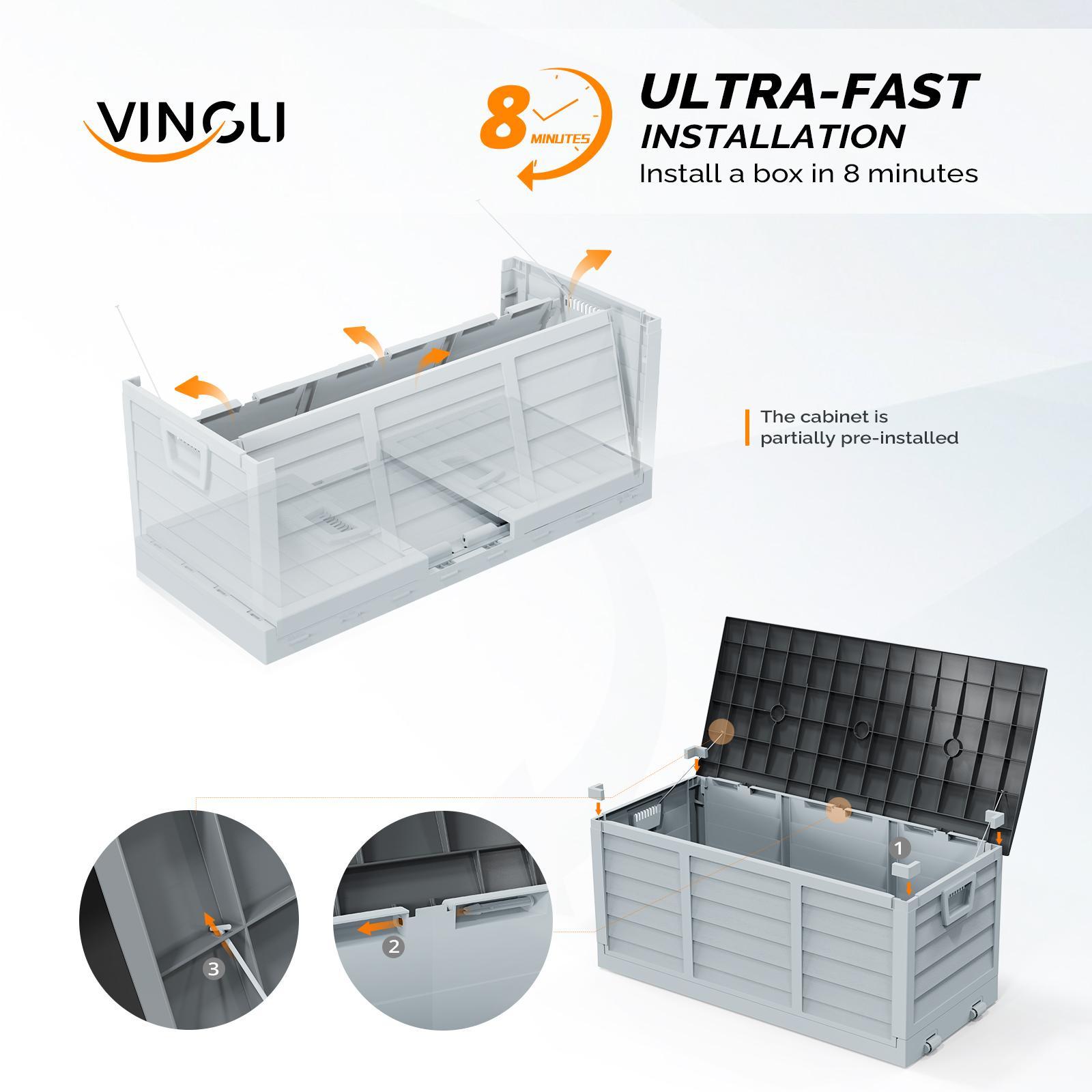 VINGLI 75Gal Collapsible Wood Grain Storage Box with Wheels | Heavy-Duty Plastic Organizer for Garden/Patio | Space-Saving Fold Design