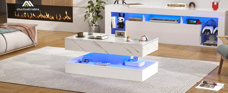 47.3" High Glossy LED Coffee Table with 2 Sliding Storage Drawers Living Room Coffee Table w APP Control LED Lights Modern Double Layer Center Tables Large Furniture Home Decor Lounge