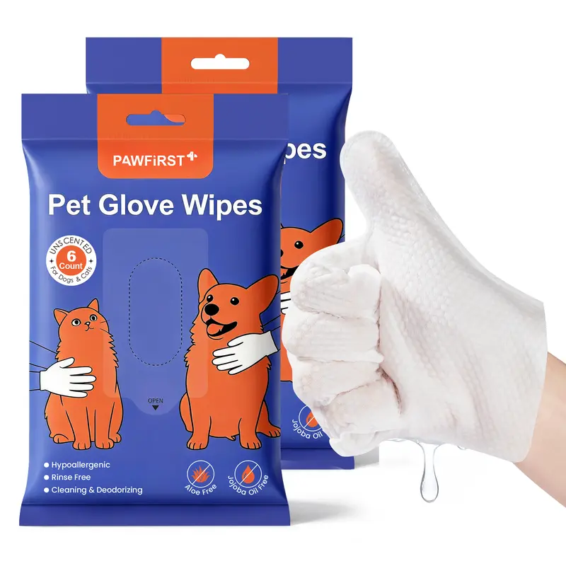 PawFirst Grooming Products 12-Pc Tear-Resist Textured Pet Grooming Glove Wipes (2 Packs, 6 Gloves/Pack) for All Breeds Dogs & Cats - No-Rinse, Hypoallergenic, Gentle 9" Cleansing, Travel-Friendly, Massage Function, One Size for Ear, Face, Paw & Body