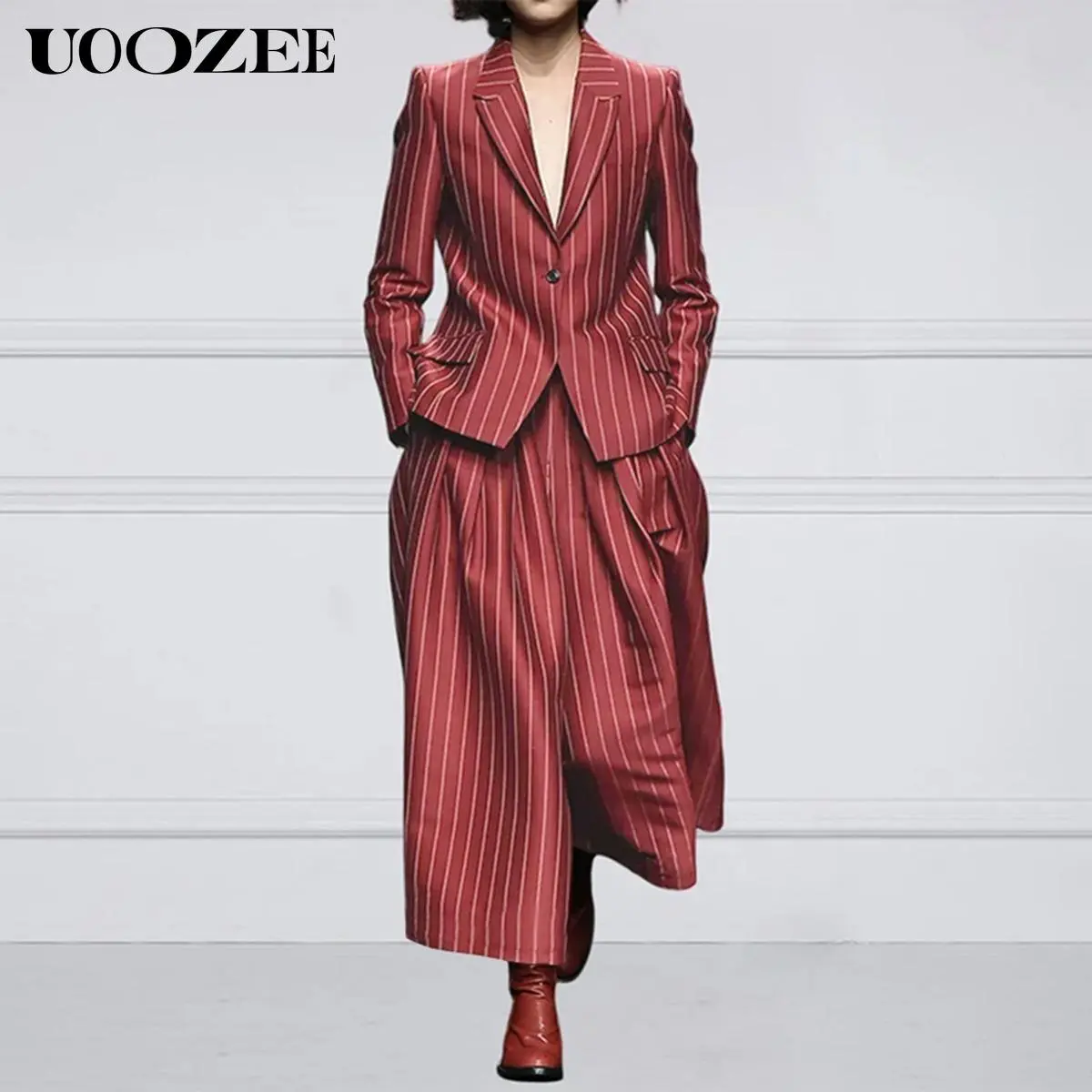 UOOZEE Women's 2-Piece Blazer Set, Casual Striped Burgundy Suit with Notched Collar, All-Season Blazer Jackets, Trendy Blazer