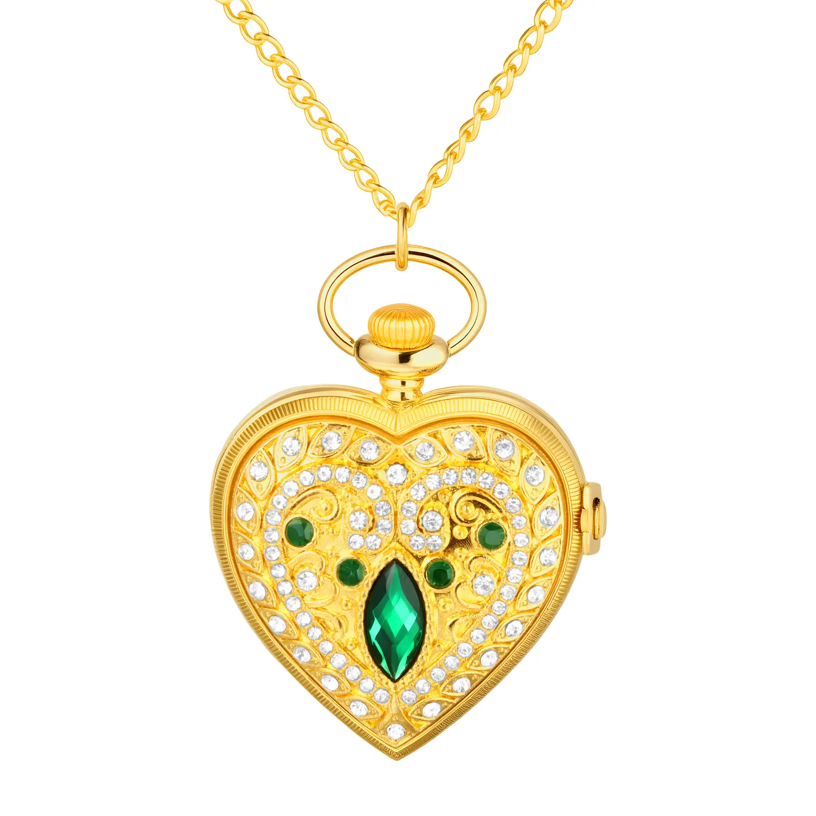 Heart Shaped Quartz Pocket Watch Necklace for Women, Vintage Rhinestone Pendant Fob Watch with Roman Numerals, Gold Alloy Sweater Chain Pocket Watch summerwins