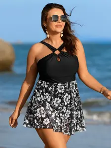 【Summer Turn-Up】【Tummy control】BlOOMCHIC Plus Size Monochrome Tropical Floral Sheer Swim Dress [1x-6x] 2026 Summer Pick for Mother's Day