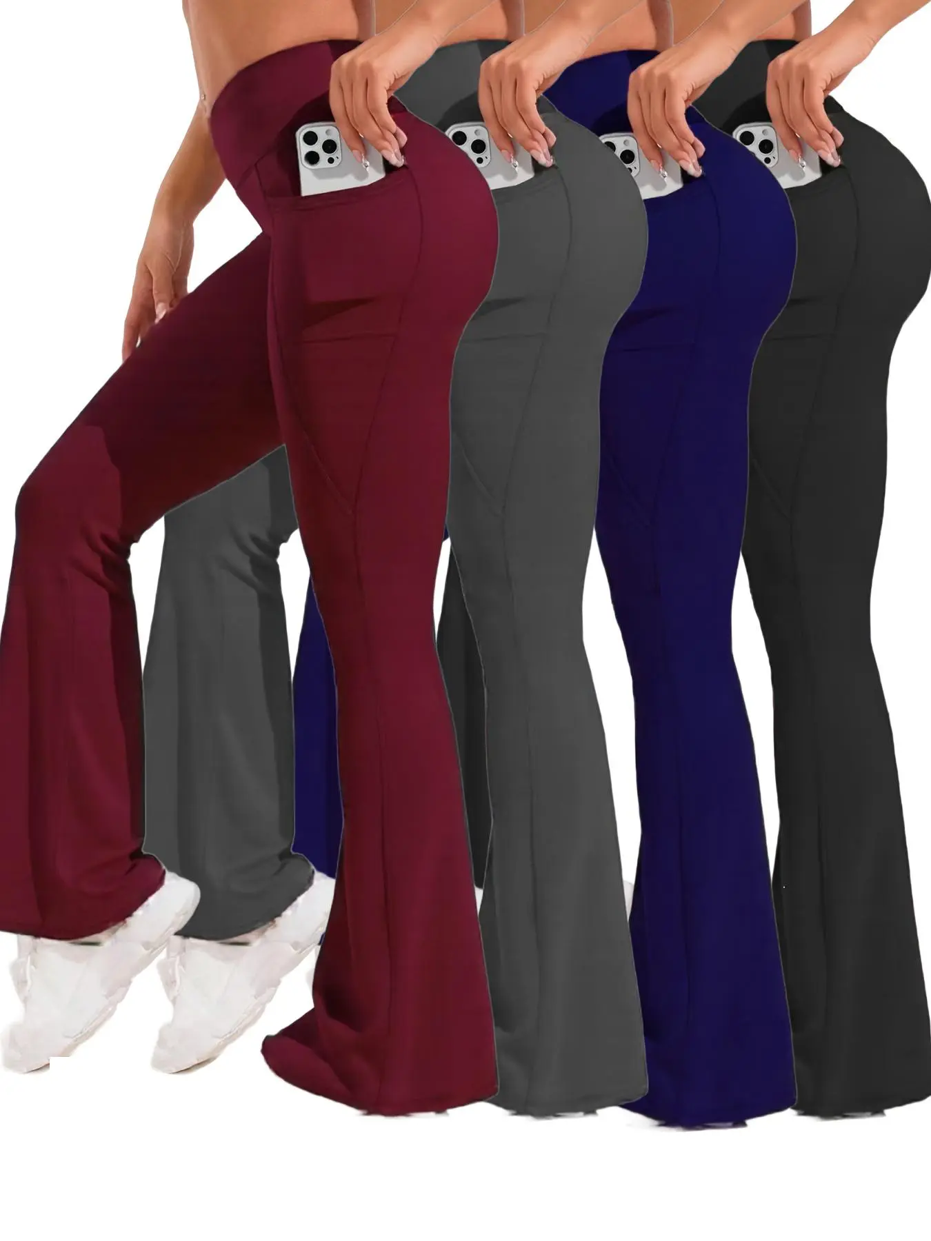 Fashion flared pants — 4-pack high-waisted flared pants | Women’s casual workwear pants with pockets; quick-drying tummy control butt-lifting flared skinny pants