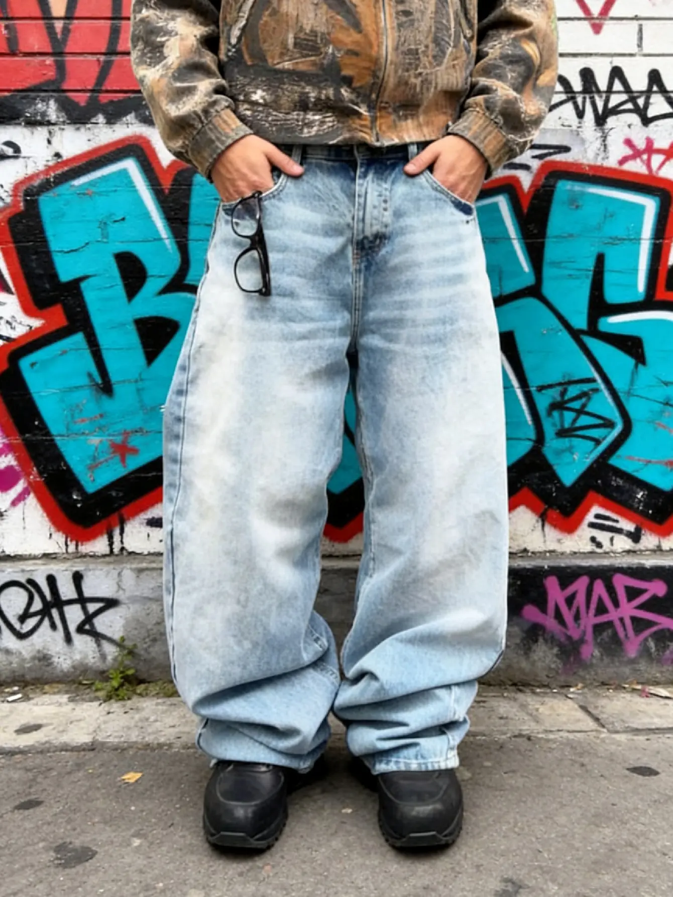 SRETOUU Men's Fashion High Street Loose Fit Denim Jeans - Baggy Wide-Leg Light Blue Wash Casual Long Pants with Belt Loops Classic Cotton Menswear Streetwear