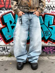 SRETOUU Men's Fashion High Street Loose Fit Denim Jeans - Baggy Wide-Leg Light Blue Wash Casual Long Pants with Belt Loops Classic Cotton Menswear Streetwear