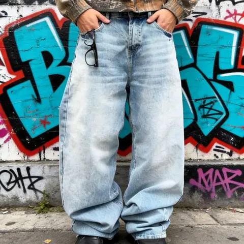 SRETOUU Men's Fashion High Street Loose Fit Denim Jeans - Baggy Wide-Leg Light Blue Wash Casual Long Pants with Belt Loops Classic Cotton Menswear Streetwear