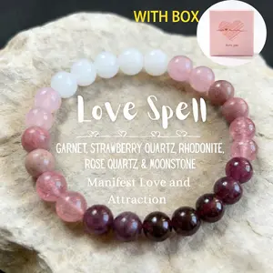 Love & Attraction Bracelet with Strawberry Quartz, Garnet, Rose Quartz - Pink Crystals Bracelet for Manifesting Romance & Good Luck, Spiritual Yoga Jewelry Valentine's Gift for Her