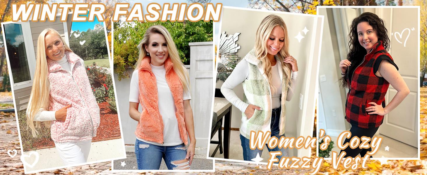 Womens Fuzzy Sherpa Fleece Jacket Lightweight Vest Cozy Sleeveless Cardigan Zipper Waistcoat Outerwear with Pocket