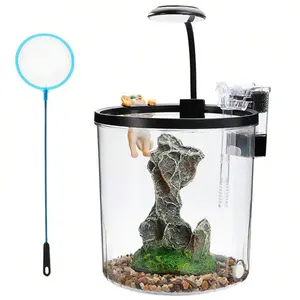 Small Fish Tank With Filter & LED Light 1.5 Gallon, Desktop Aquarium Kit With Oxygen Pump & Decor, All-In-One Ecosystem Fish Bowl For Betta, Goldfish, Office, Home Decor
