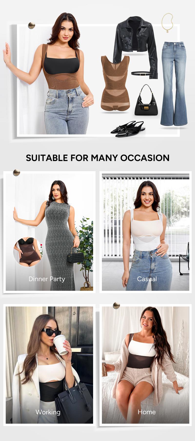 Nebility Women's Mesh Breathable Bodysuit - Basic Minimalist Shapewear with Tummy Control, Nylon Spandex Compression Fabric, Brown Womenswear Beige