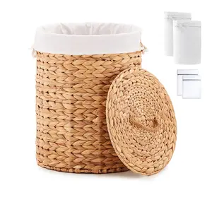 Round Water Hyacinth Laundry Hamper with Lid Handwoven Wicker Basket （232）