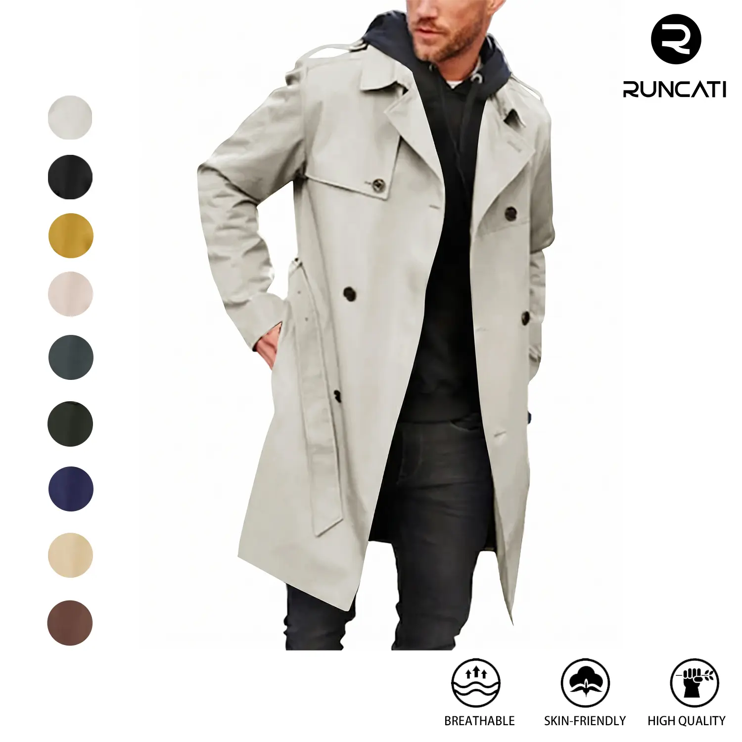 Runcati Men's Coat Double Breasted Trench Coat Long Lapel Business Jacket with Belt