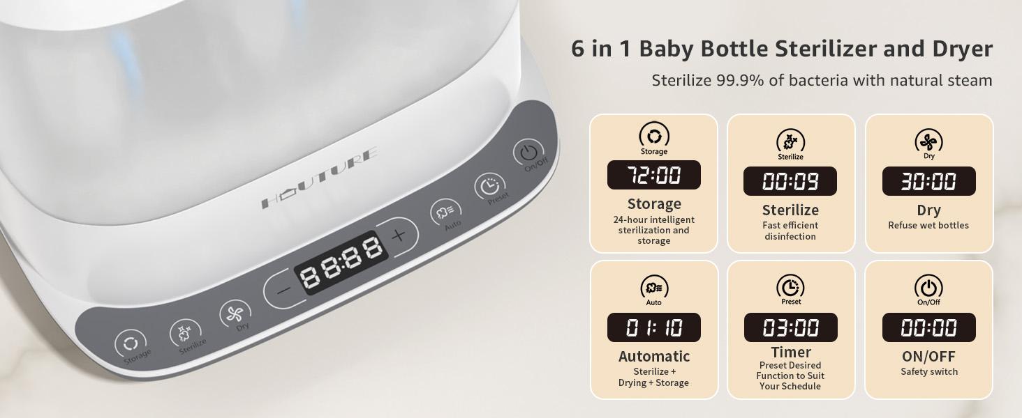 HAUTURE Baby Bottle Sterilizer, 6-in-1  Bottle Sterilizer and Dryer, Electric Steam Bottle Sanitizer for Baby stuffs and Baby Bottles, Mom's Best Choice