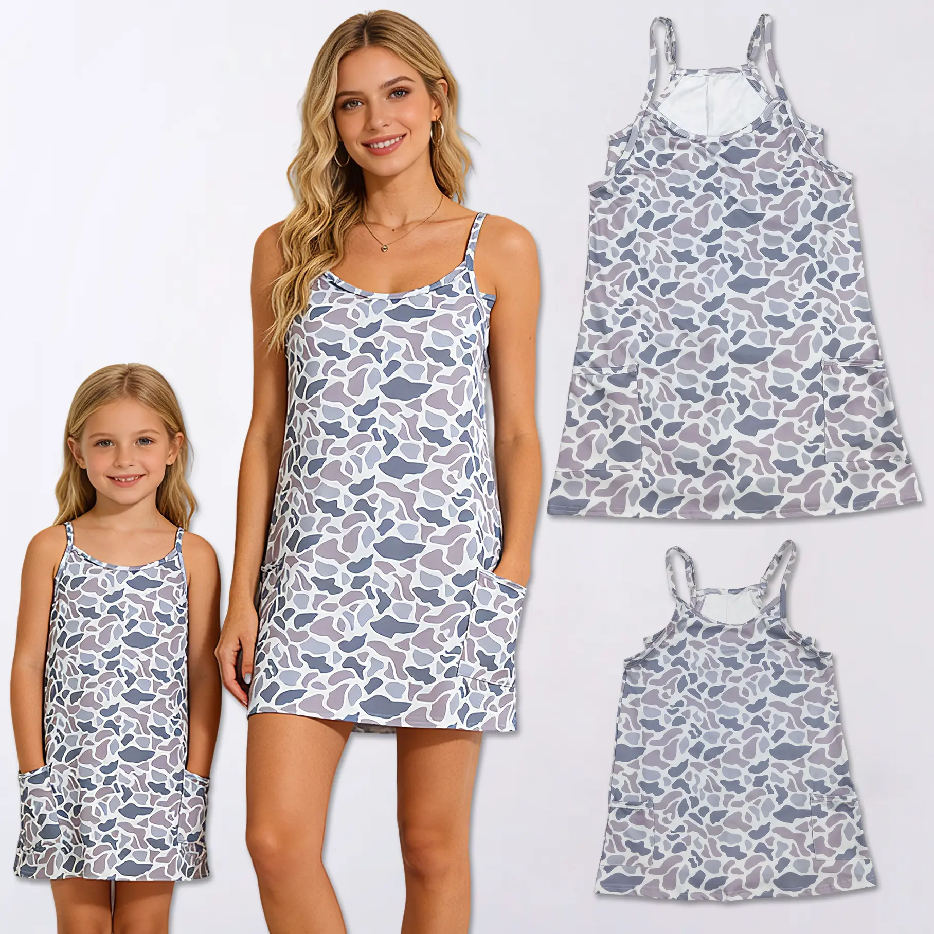 Mommy and Me Matching Grey Camo Athletic Tank Dress with Built-in Shorts, Kids Clothing Girls, Multiple Prints Available