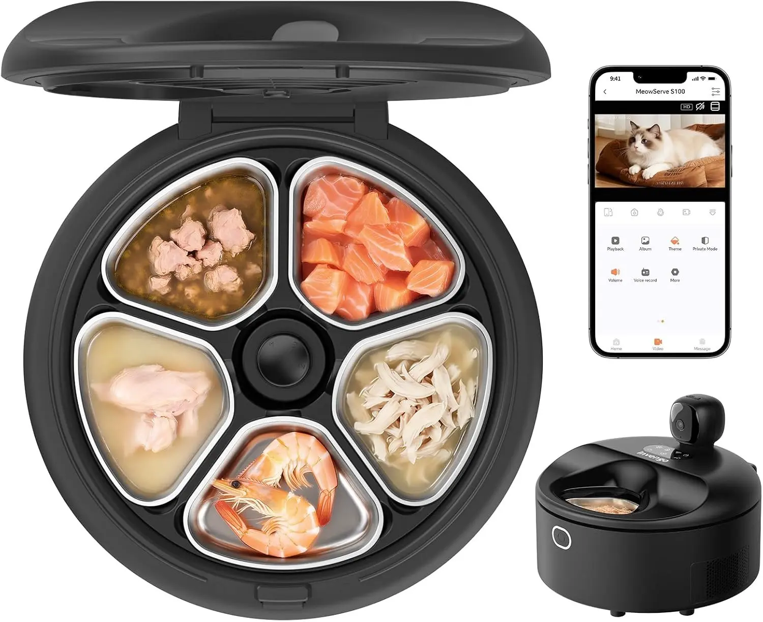 Automatic Cat Feeder, Refrigerated Wet Food Dispenser With WiFi Control, 5 Days Freshness, 5 Timed Meals, Quick Cooling, Heating Feeding dog medium-sized storage voice recorder ramascotas pet training ice pack, cat stuff,cat accessories,neater feeder