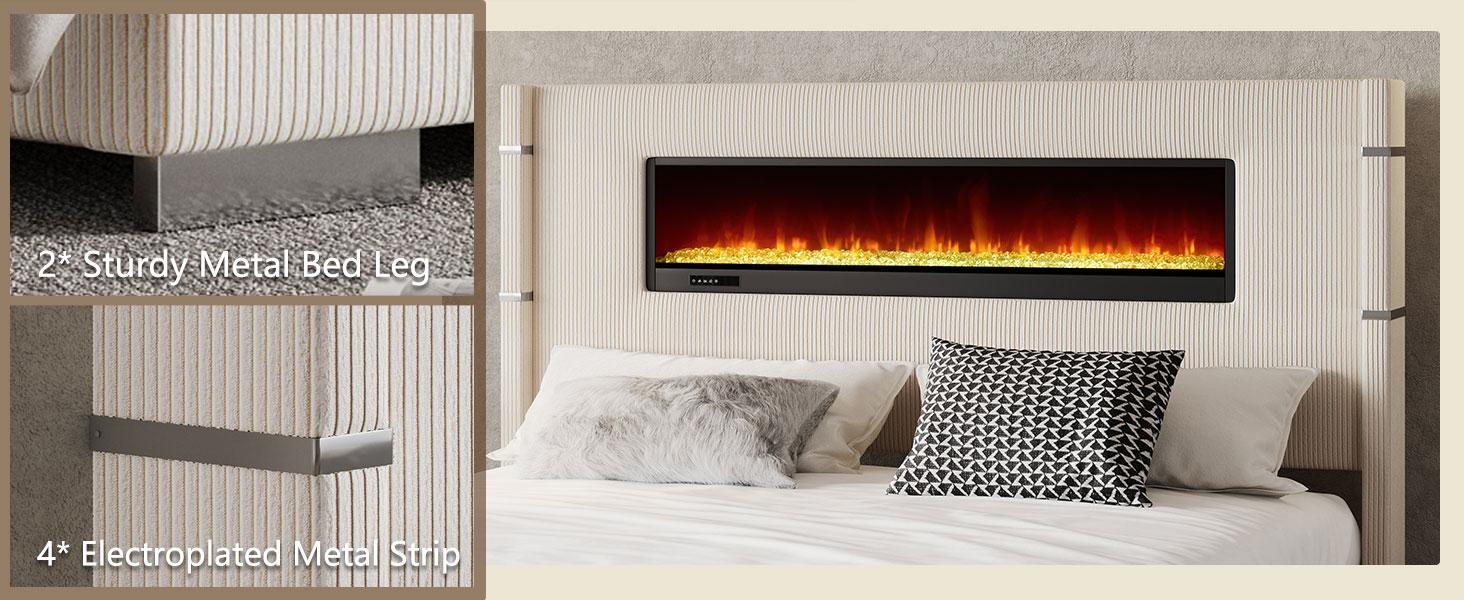 【Ships in 2 Boxes】AMERLIFE Modern Bed Frame with Fireplace, Wingback Platform Bed with 60.4“ Extra Tall Headboard, Corduroy Upholstered Bed Wooden Slats/No Box Spring Needed