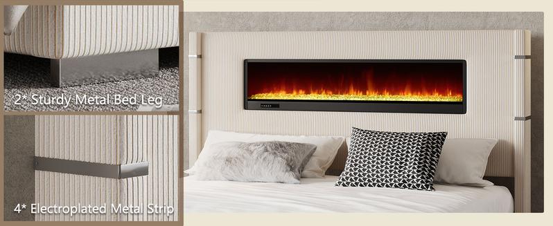 【Ships in 2 Boxes】AMERLIFE Modern Bed Frame with Fireplace, Wingback Platform Bed with 60.4“ Extra Tall Headboard, Corduroy Upholstered Bed Wooden Slats/No Box Spring Needed