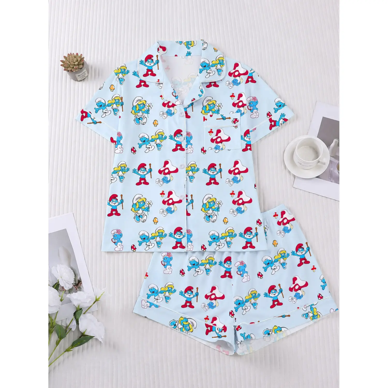 Festive Women's Elf Print Sleepwear Set – 2-Piece Cartoon Pajamas with Short Sleeve Button Top and Elastic Shorts, Comfy Casual Loungewear