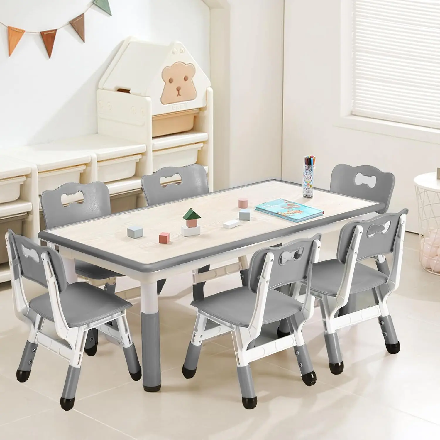Kids Wood Table and Chairs Set, Ergonomic Height-Adjustable Toddler Activity Table with 6 Seats, Graffiti Top, Non-Slip Legs, Easy to Assemble, 330lbs Max Load for Children (Ages 2-10) – Indoor Furniture for School Rooms, Classrooms, Home