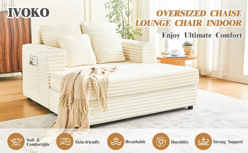 Oversized Chaise Lounge Chair Indoor, 49" Upholstered Sofa Bed with Frame, Plush Faux Fur Sleeper Couch with Throw Pillows, Armrests&Cup Holders, Deep Seat Reading Chair for Living Room, Bedroom,Beige