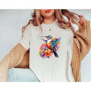Floral Hummingbird Shirt, Animal Lover Tee, Bird T Shirts, Trendy Tee, Gift For Her, Bird Lover T-Shirt,  Spring Birds, Flower Shirt