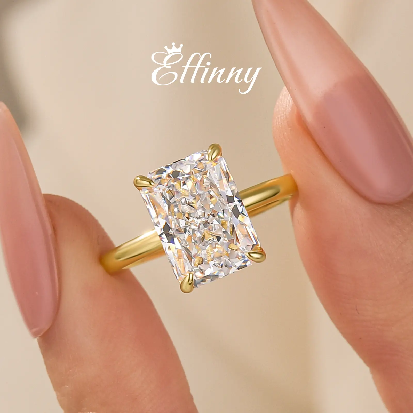 Effinny Jewelry Elongated Yellow Gold Plated Radiant Cut Engagement Ring for Women,AAAAA Cubic Zirconia Solitaire Promise Ring in 925 Sterling Silver, Birthday, Female