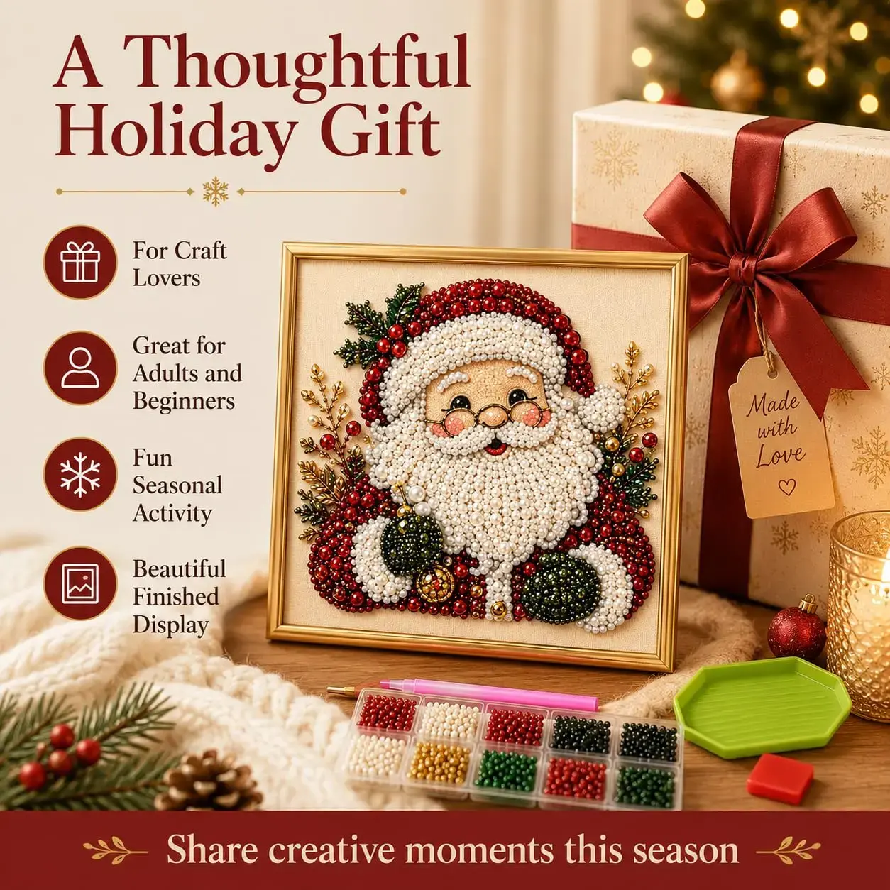Christmas Santa Diamond Painting Kit with Frame, 3D DIY Pearl Art Craft for Adults & Beginners, Holiday Home Wall Decor, Cute Christmas Gift