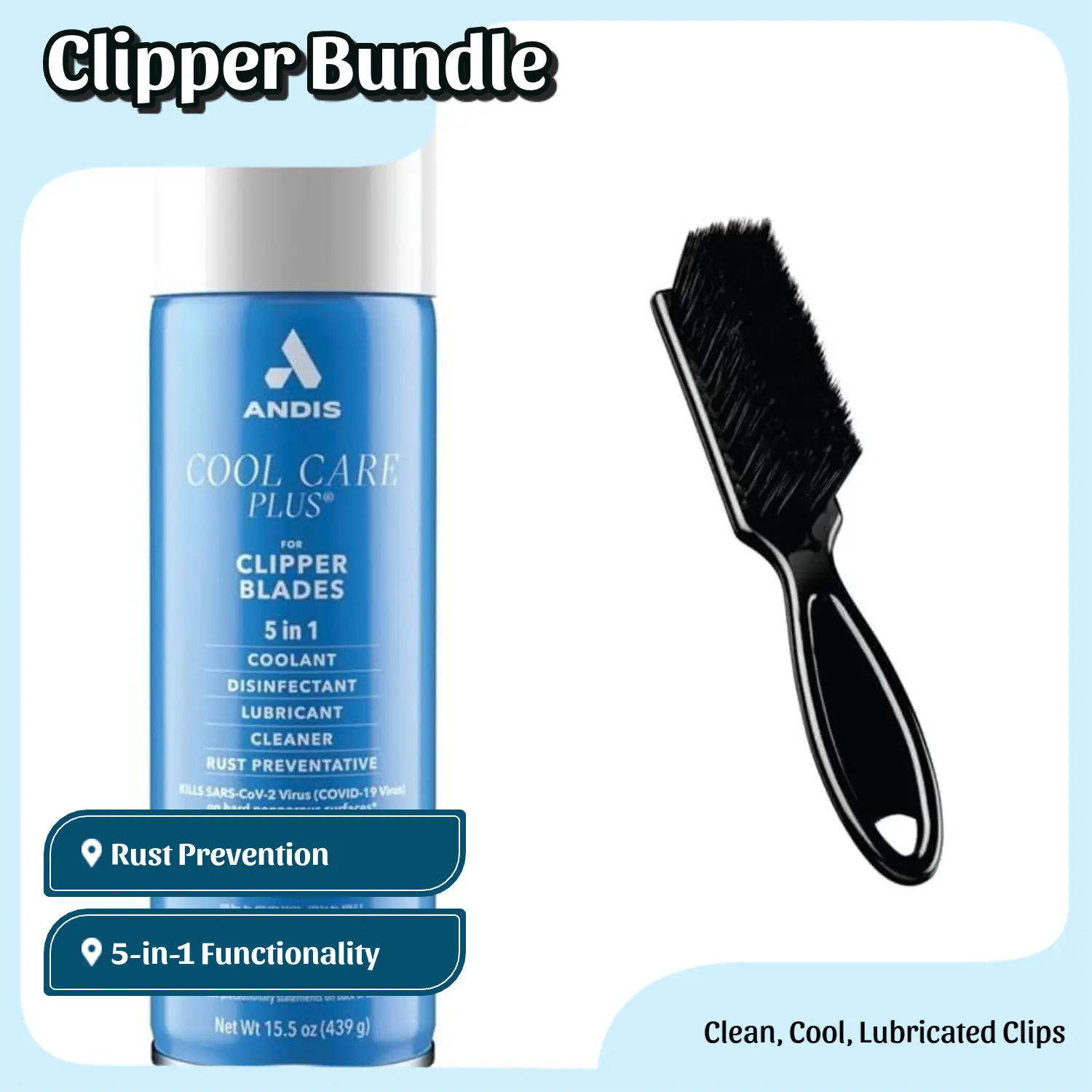 Andis Cool Care Plus 5-in-1 Clipper Care Bundles, 15.5 oz Spray with Brush for Cooling, Cleansing, Antibacterial Protection, and Rust Prevention (5-in-1 functionality included)