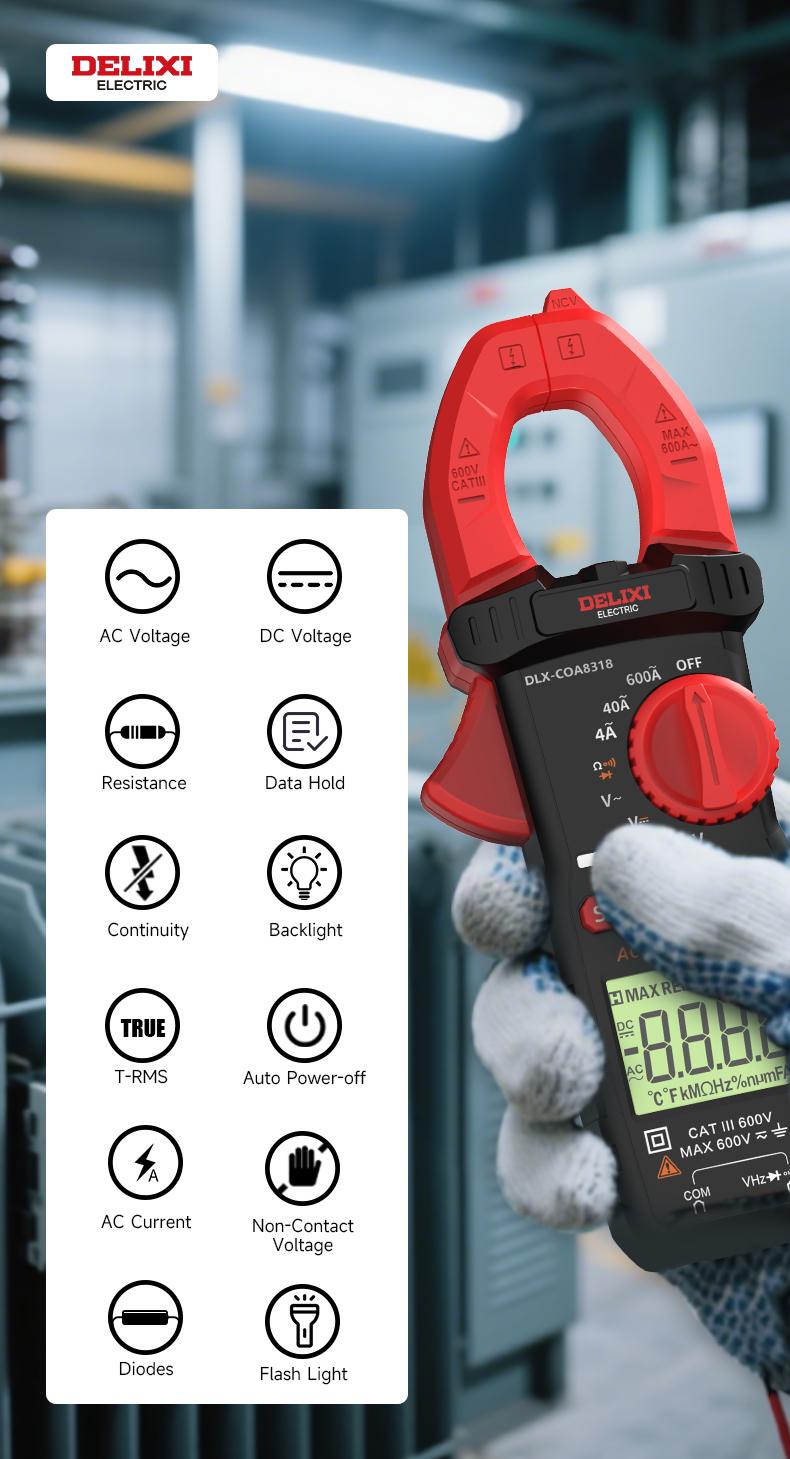 DELIXI Clamp Meter Multimeter 6000 Count Auto Amp Clamp Meter, True-RMS Voltmeter Voltage Tester, Auto Ranging AC/DC Voltage & AC Current, Non-Contact Voltage Testing, Temperature Continuity Resistance Diode Measurement with Storage Bag