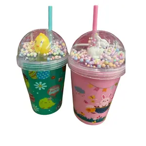 Pack of 2 Children's Fancy Straw Tumblers – Plastic Confetti Cups for Kids Drinks, Reusable Beverage Cups with Lid & Straw, Colorful Party Cups, Birthday Party Supplies, Kids Water Juice Smoothie Cups, Fun Drinkware for Kids, Easter, Portable, Bottled,