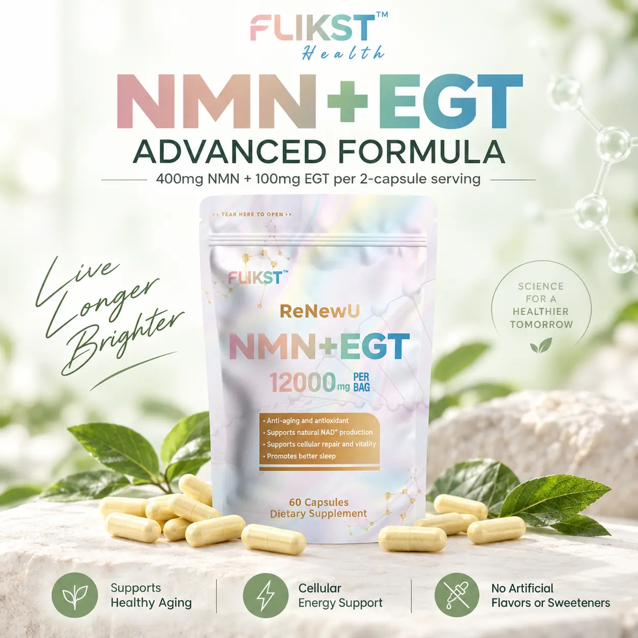 FLIKST ReNewU NMN + EGT Dietary Supplement, 400 mg NMN + 100 mg L-Ergothioneine Per 2-Capsule Serving, 60 Capsules