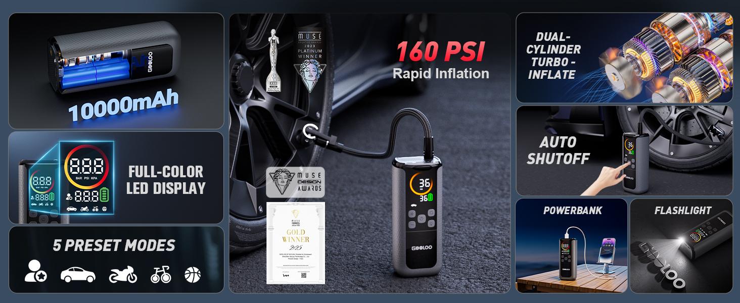 GOOLOO GT160 DUAL Tire Inflator Portable Air Compressor, 4X Faster Dual Cylinder & Upgraded Color LED Screen Portable Air Pump for Car Tires, Auto Shut-off Electric Bike Tire Pump with Pressure Gauge