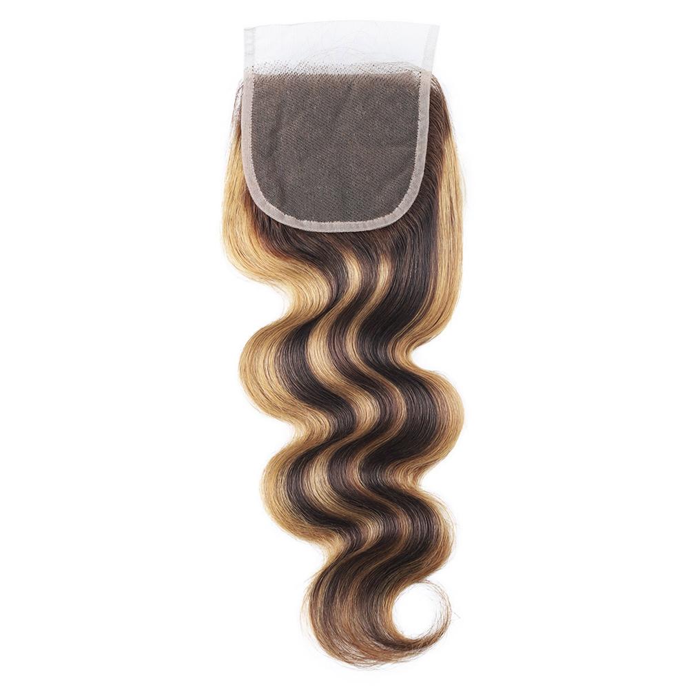 Highlight Honey Blonde Hair with Closure Brazilian Body Wave Human Hair 3 Bundles with 4x4 Lace Closure P4/27