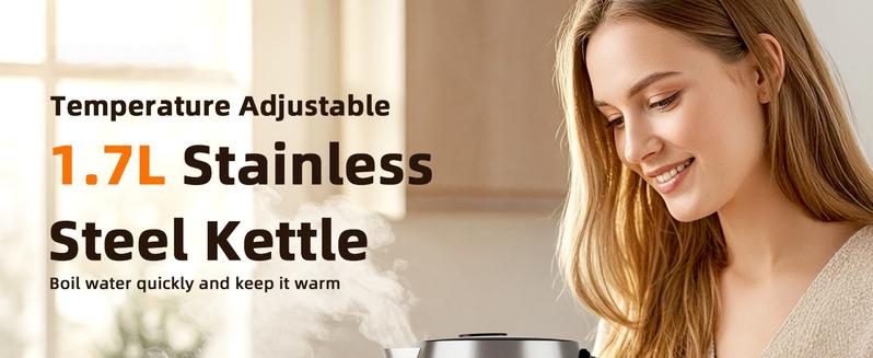 Electric Kettle with Adjustable Temperature Control, 1.7L Stainless Steel & Glass Kettle, Ambient Light Indicator, Automatic Shut-Off, Overheat Protection, 360° Cordless Base