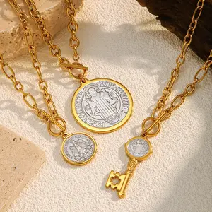 Unisex Gold-Tone Stainless Steel Pendant Necklace - 3-Style Coin, Key, Medallion Charms, Y2K Costume Jewelry Gift