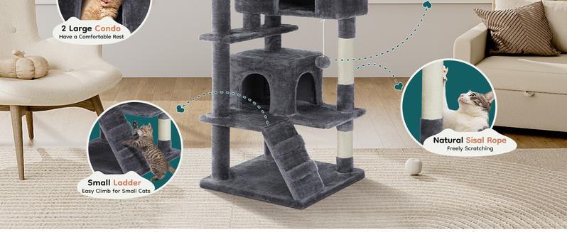 Cat Tree Tower for Indoor Cats 54in Tall Multi-Level Pet Furniture with Sisal Scratching Post, Plush Toy, and Climbing Ladder
