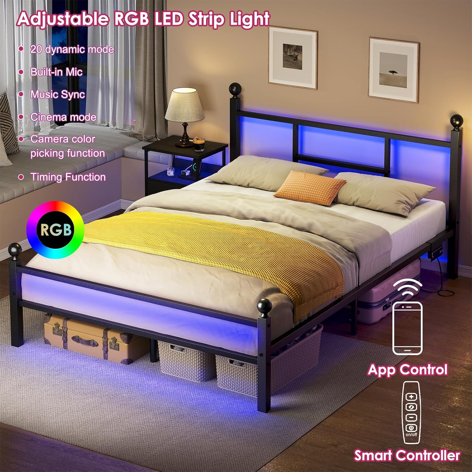 Full Size LED Bed Frame with Charging Station, Metal Platform Bed with USB Ports & Outlets, Heavy Duty Frame with Under Bed Storage, Easy Assembly Full Size LED Bed Frame with Charging Station, Metal Platform Bed with USB Ports & Outlets, Heavy Duty Frame with Under Bed Storage, Easy Assembly