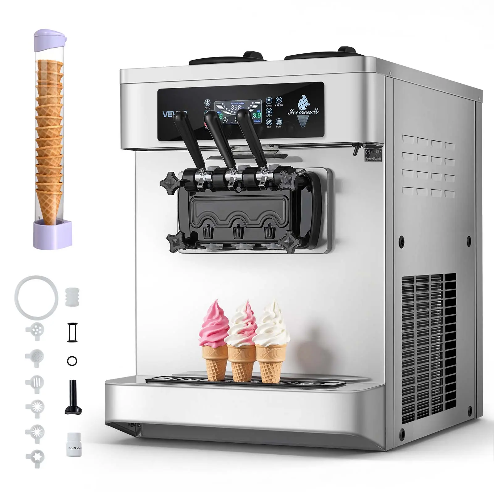 VEVOR Commercial Stainless Steel Ice Cream Machine (Icecreammachine), 20-28L/H Yield, 2200W 3-Flavor Countertop Soft Serve Maker with 2x6L Hoppers, Built-In Puffing Pump, Pre-Cooling & Low-Mix Alert for Snack Shops