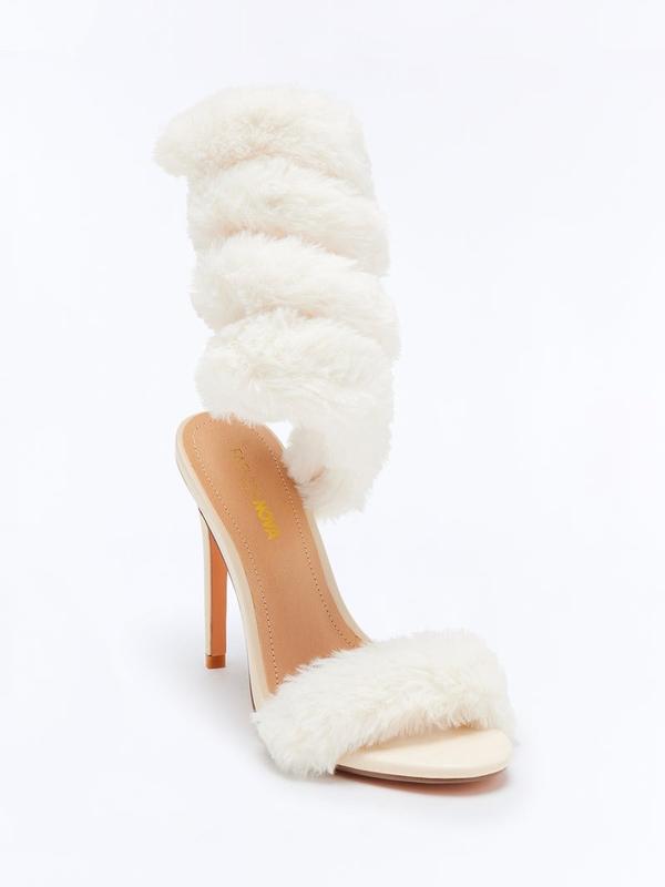 Flurry Faux Fur Wrap Up Heels - Ivory