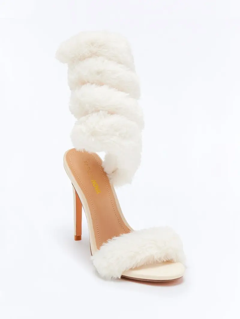 Flurry Faux Fur Wrap Up Heels - Ivory