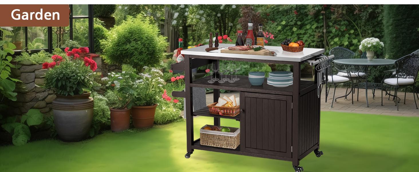 AHB Movable Outdoor Grill Table - Solid Wood Storage Cabinet with Stainless Steel Top, Rolling Kitchen Island & Patio Bar Cart for Backyard, Garden, 2 Doors Design for Easy Storage AHB Movable Outdoor Grill Table - Solid Wood Storage Cabinet with Stainless Steel Top, Rolling Kitchen Island & Patio Bar Cart for Backyard, Garden, 2 Doors Design for Easy Storage
