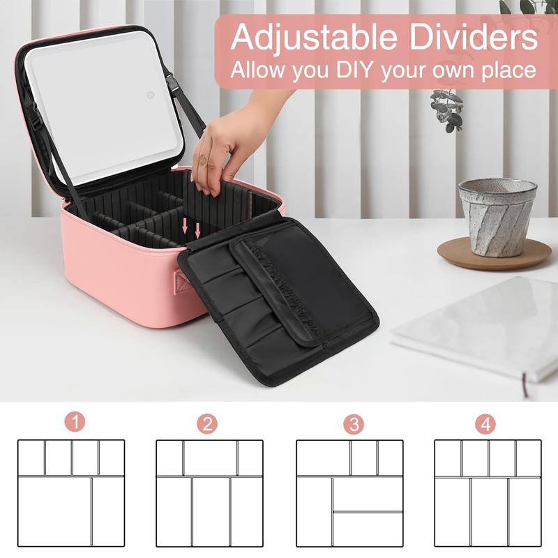 Smart LED Makeup Bag with Mirror - 3 Color Lights Waterproof PU Leather, Detachable Compartments, Travel Compact Case Smart LED Makeup Bag with Mirror - 3 Color Lights Waterproof PU Leather, Detachable Compartments, Travel Compact Case