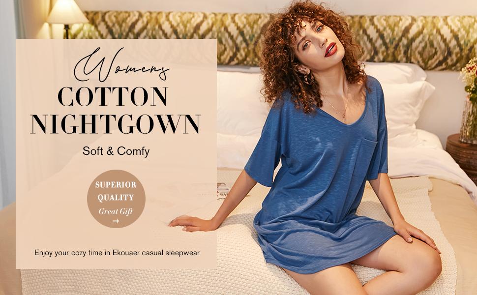 EKOUAER Womens Tshirt Nightgown Cotton V Neck Sleepshirts Comfy Casual Nightshirt for Women Fit Womenswear Comfortable Loose Oversized Loungewear