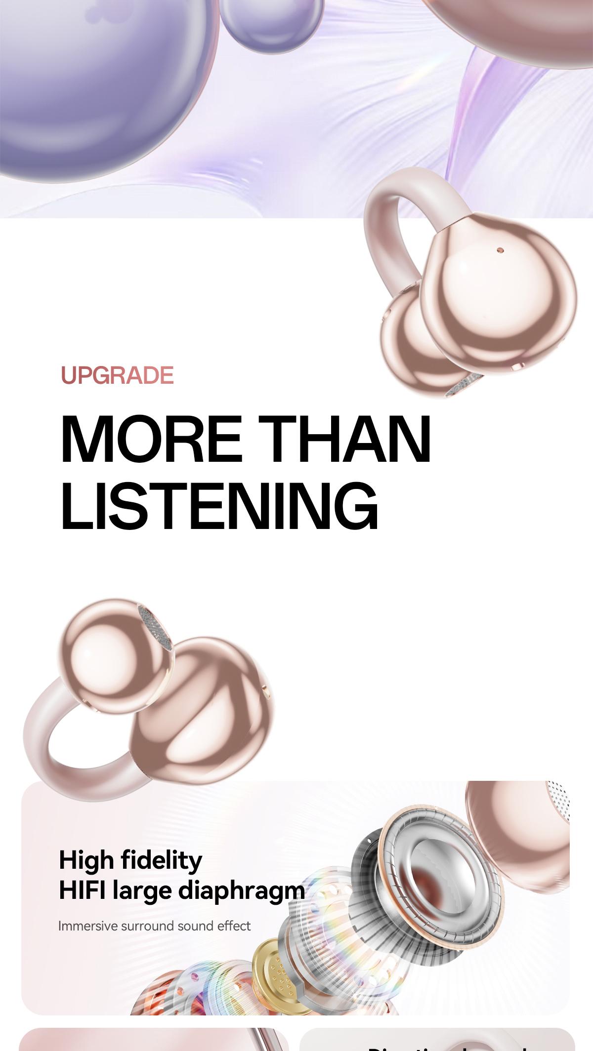 CHENRUIDA M106 Women's Headphones with Dynamic Stereo Earbuds ENC Call Noise Reduction IPX7 Waterproof 360° Panoramic Sound Ear Clip Earphones Comfortable Fit pink head phones