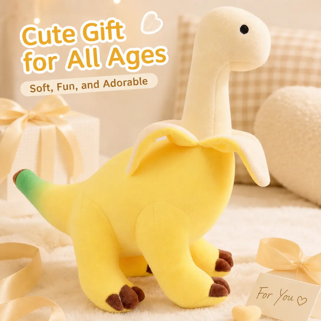 Creative Banana Dinosaur Plush Stuffed Toy, Soft Fluffy Long Neck Dino Pillow Plushie, Cute Banana Peel Design Animal Doll for Sofa Desk Bedroom Decor Birthday Holiday Gift