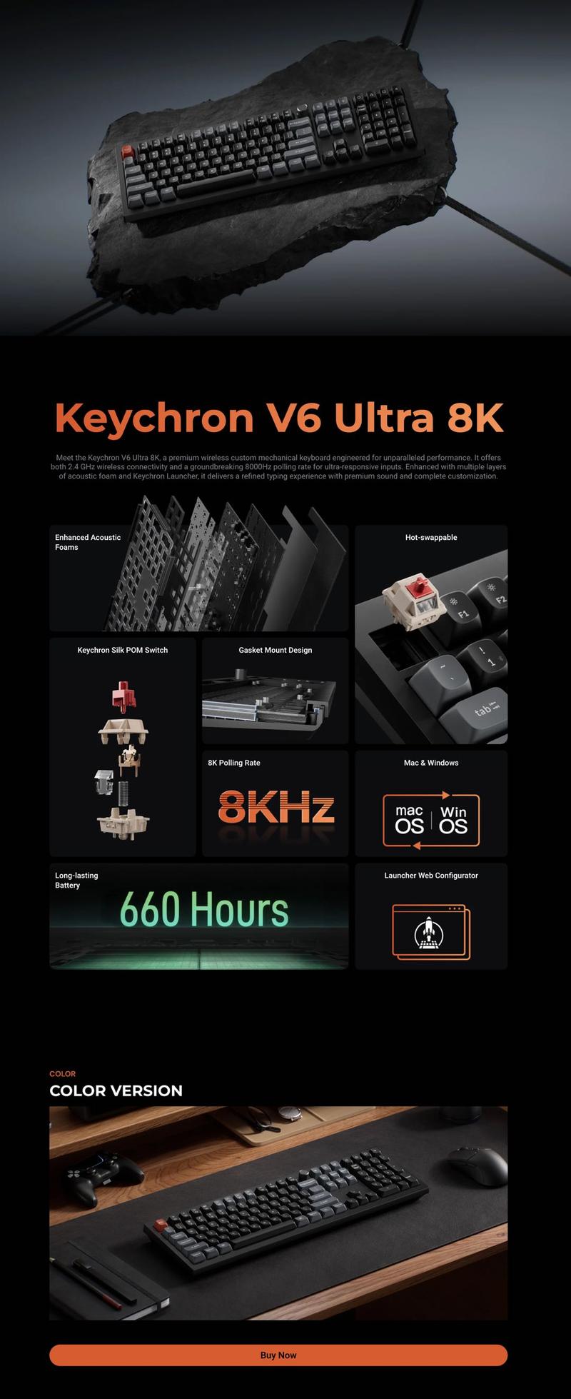Keychron V6 Ultra 8K Wireless Custom Mechanical Keyboard, Full-Size 100% Layout, 8000Hz Polling Rate, Tri-Mode 2.4G/BT/Wired, ZMK Open-Source Firmware, Hot-Swappable, South-Facing RGB, Double-Shot PBT Keycaps, PC Case
