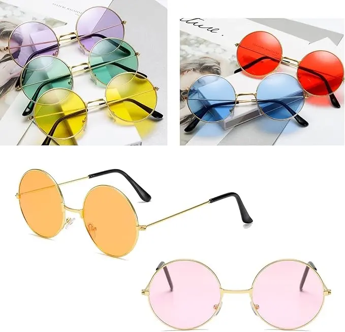 Retro Round Sunglasses Vintage Hippie Style Festival Shades Trendy Costume Party Glasses UV Protection Oversized Circle Frame Aesthetic Fashion Accessory for Men Women Teens Rave Beach Pool Music Concert Summer Travel Retro Look Stylish Eyewear
