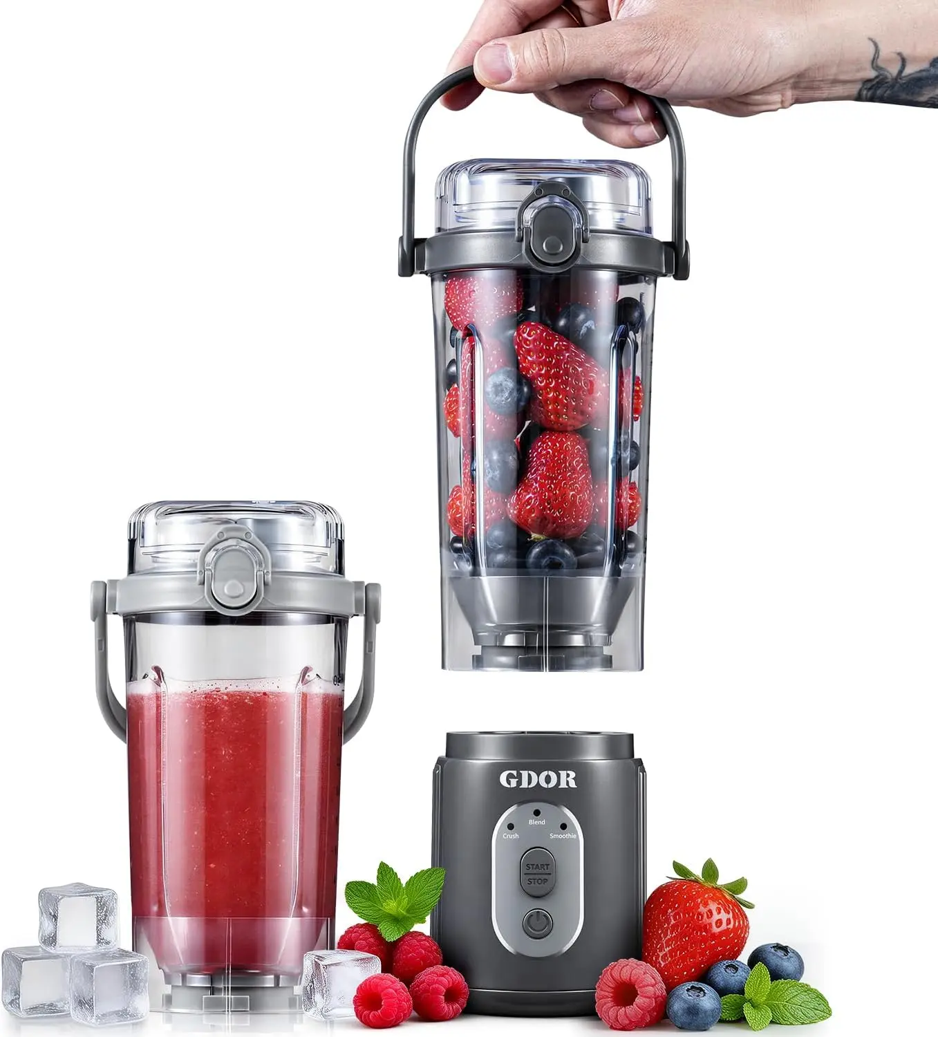 GDOR Cordless Portable Drink Mixer Blender - USB-C Rechargeable Personal Smoothie Maker with 3 Programs (Ice Crusher, Blend, Oats), 2x23oz BPA-Free Removable Cups, for Frozen Drinks & Smoothies Recipe, 11.1V High Torque